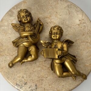 Vintage‎ Brass Cherub Angels Playing Music Figurines Set of 2 Wall Decor Banjo